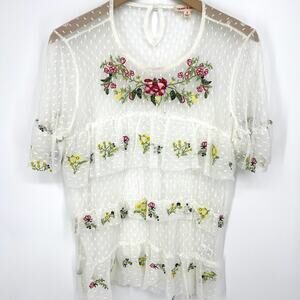 Grand & Greene Sheer Dotted Swiss Embroidered Top Size S